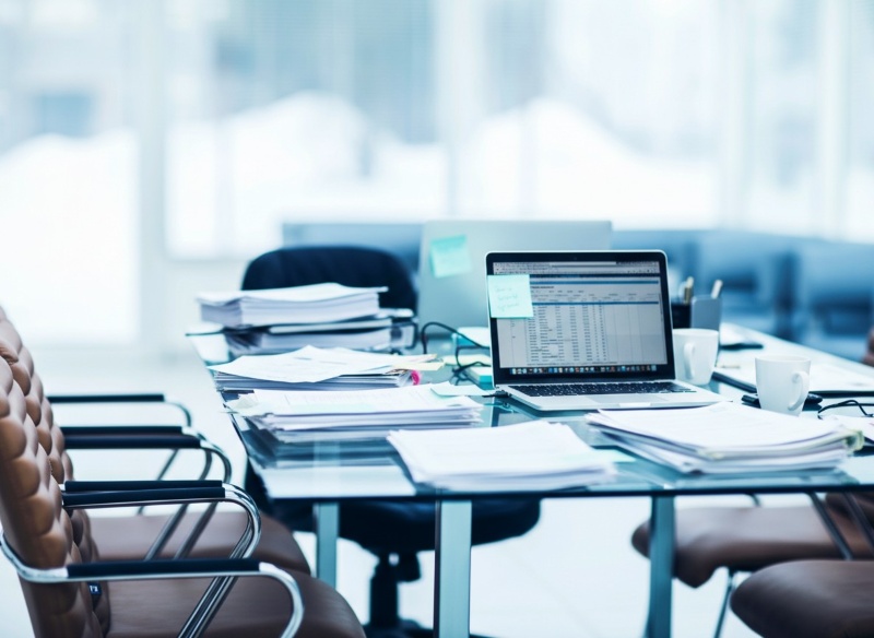 Konferenztisch mit Laptop und vielen Unterlagen als Symbol für Arbeitsstau